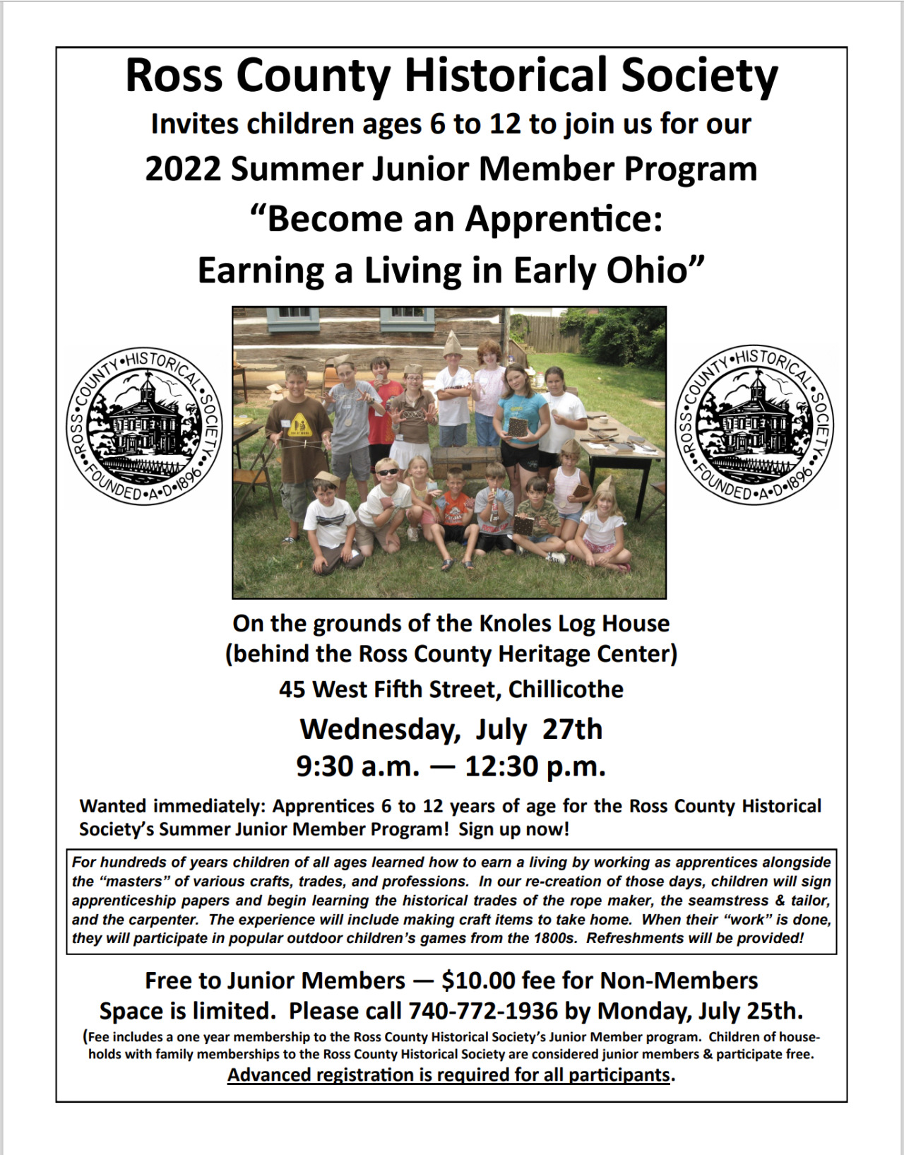 Flyer with information about the Ross County Historical Society’s Summer Junior Member Program.