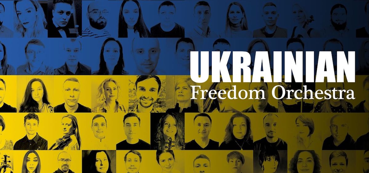 faces in the color of the Ukraine flag representing the Ukrainian Freedom Orchestra
