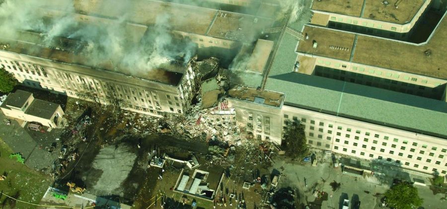 ariel view of front of The Pentagon duriing 9/11, smoke visable