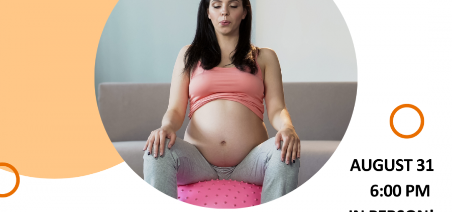 A flyer for a Birth Circle program. A pregnant woman is pictured sitting in the middle of the flyer. The text on the flyer reads The Birth Circle Presents Physiologic Birth with midwife Erica Andrews August 31 6 p.m. in person at The Nest 217 Columbus Road Ste 103