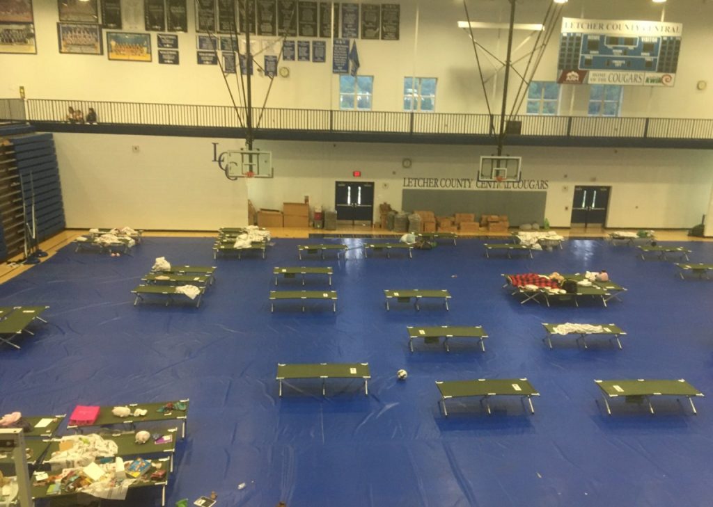 A shelter is set up at Letcher County High School