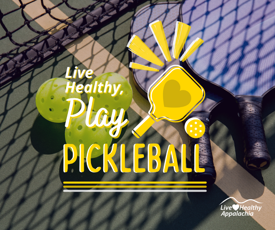An image of a wiffle ball artfully laid against some kind of athletic floor with text overlaid that reads "live healthy play pickleball"