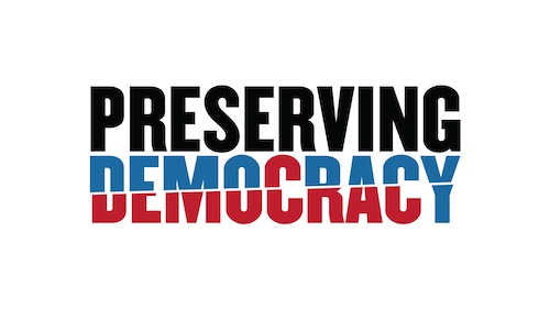 text of "Preserving Democracy" with the word democracy severed seperating blue and red representing the political parties