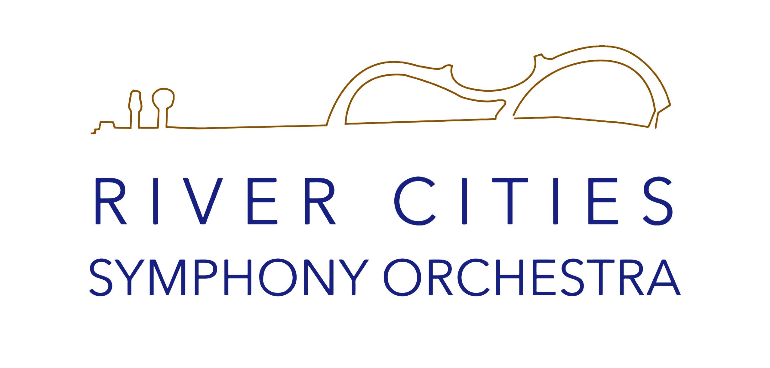 A logo that reads River Cities Symphony Orchestra. The words appear on the bottom side in two horizontal rows underneath half of what looks like a violin.