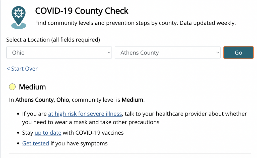 A CDC webtool shows Athens County is at a medium COVID-19 community level on Aug. 11