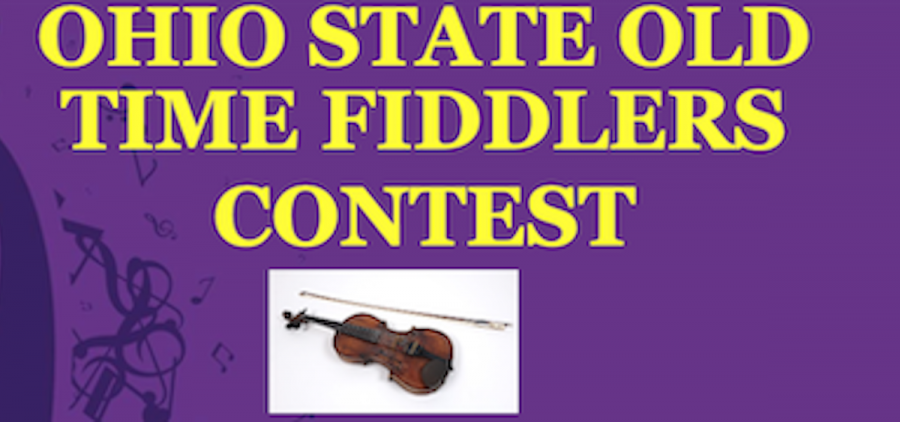 An image that reads: Ohio State Old Time Fiddlers Contest. There is a picture of a fiddle underneath the text. The text is yellow on a purple background.