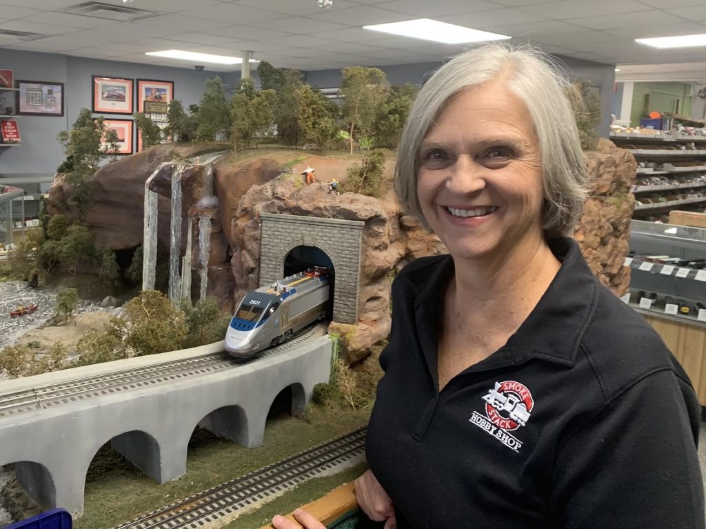 Patti Riordan runs the Smoke Stack Hobby Shop in Lancaster, Ohio, with her husband Don. The store has scaled back its selection of higher-priced models to focus on more affordable items as well as second-hand merchandise.