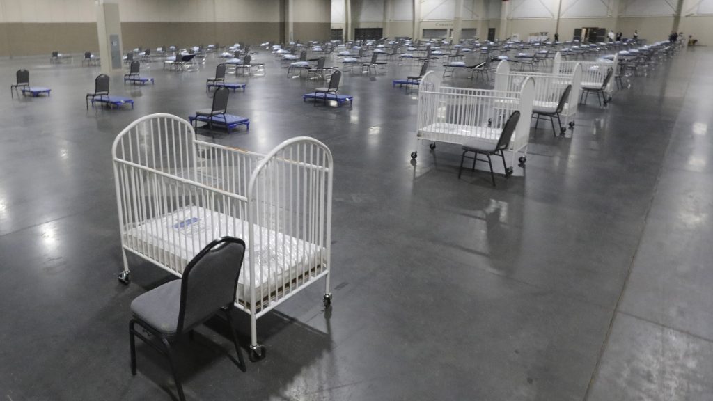 Cots and cribs are arranged in Utah in 2020 as hospitals overflowed amid the COVID-19 pandemic.