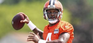 Cleveland Browns quarterback Deshaun Watson throws a pass during the team's training camp