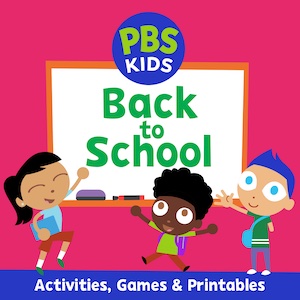 PBS kids characters in front of back to school white board