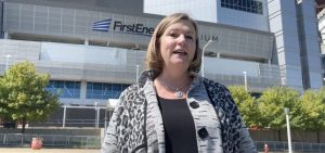 Democratic gubernatorial candidate Nan Whaley stands in front of First Energy, named for the business at the heart of the nuclear bailout scandal, to call on Gov. DeWine and Lt. Gov. Husted to release emails about the deal from their personal email accounts.