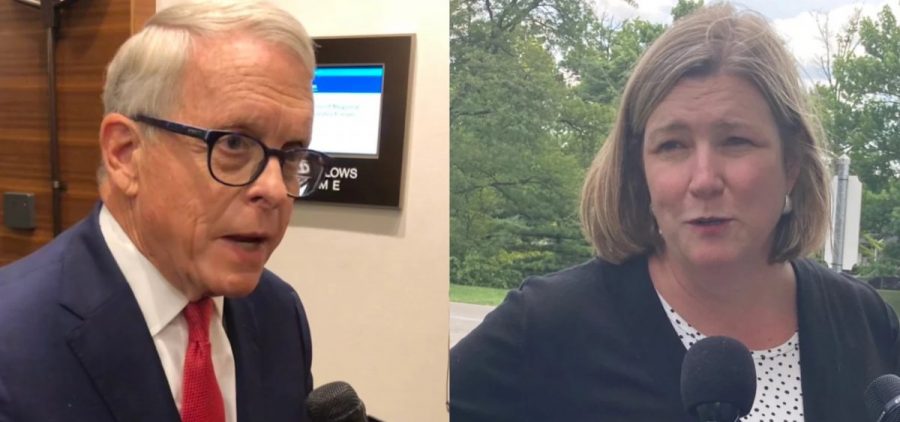 A split photo with Gov. Mike DeWine on the left and Nan Whaley on the right