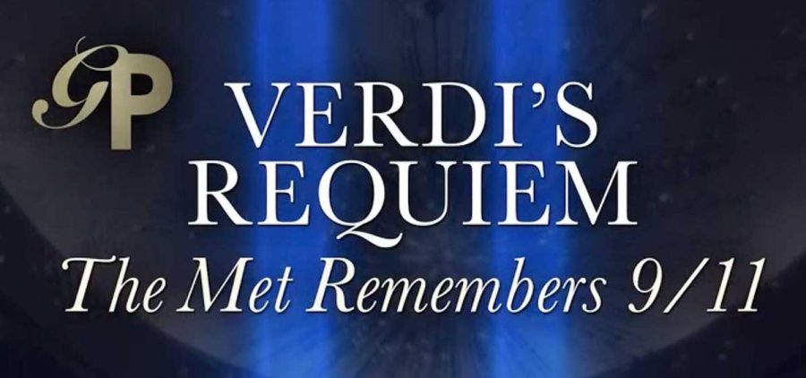 blue curtain with text: Verdi's Requiem: The Met Remembers 9/11