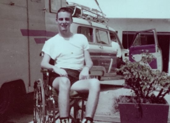 An image of Gale Williams in a wheelchair, he was the quadriplegic profiled by the film "Living Years."