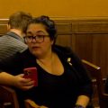 Terpsehore Maras in an Ohio Supreme Court hearing room where validity of her submitted petitions is being considered.