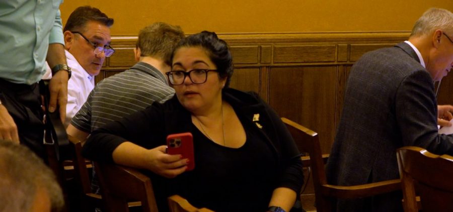 Terpsehore Maras in an Ohio Supreme Court hearing room where validity of her submitted petitions is being considered.