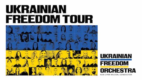 faces in the color of the Ukraine flag representing the Ukrainian Freedom Orchestra