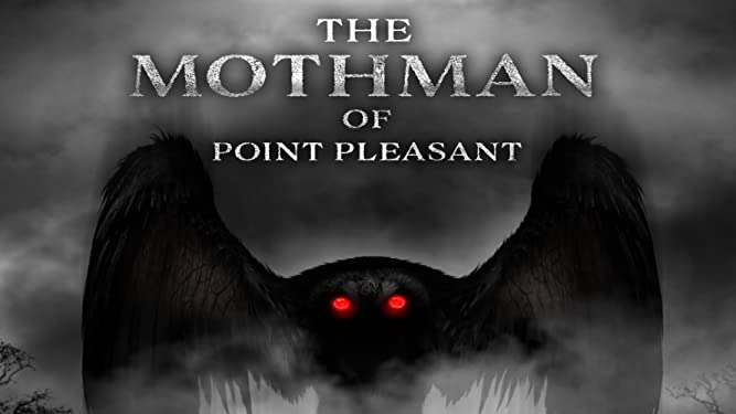 The cover of the Smalltown Monsters documentary "The Mothman of Point Pleasant." The image is in grey and black, with the mothman with spread wings with red eyes.