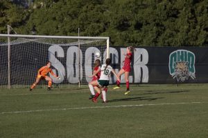 Ohio Forward Shae Robertson (18) scores a goal in 2-0 victory over the Miami Redhawks