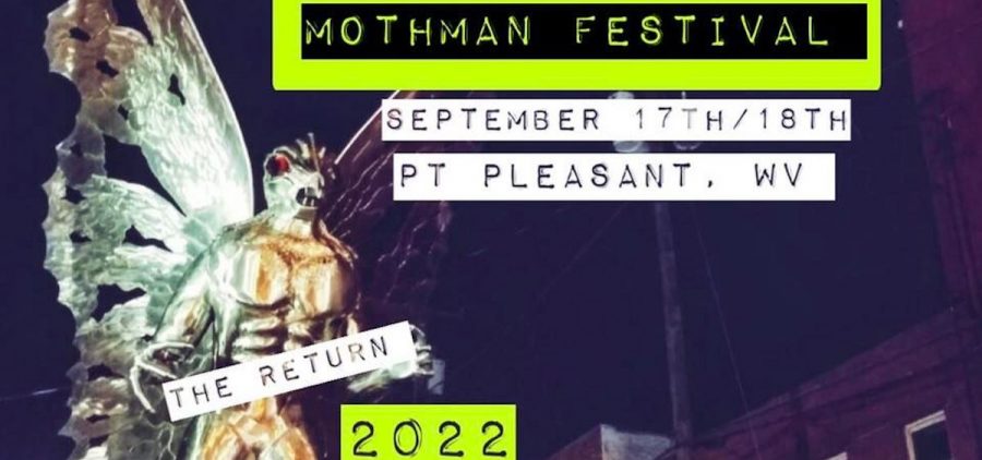 A promotional image for the Mothman Festival. In it, the statue of the mothman is hovering by text that reads: Mothman Festival: the return