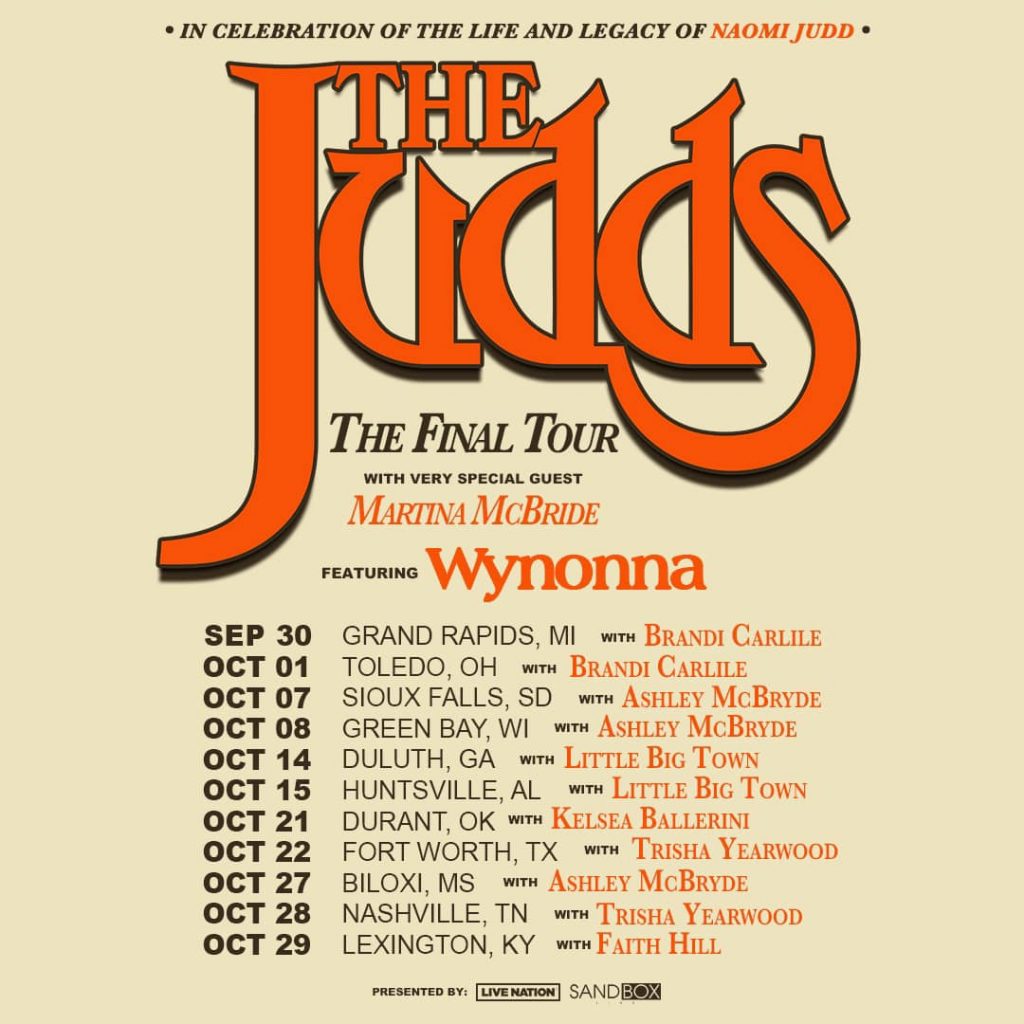 A promotional image for The Judds' final tour listing all of the tour dates