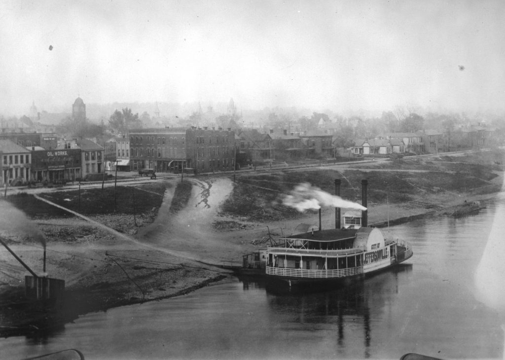 A historic photo shows sidewheel ferryboat called the “City of Jeffersonville” built at the Howard Shipyard in Jeffersonville, Indiana in 1891 across the river from Louisville, Kentucky.