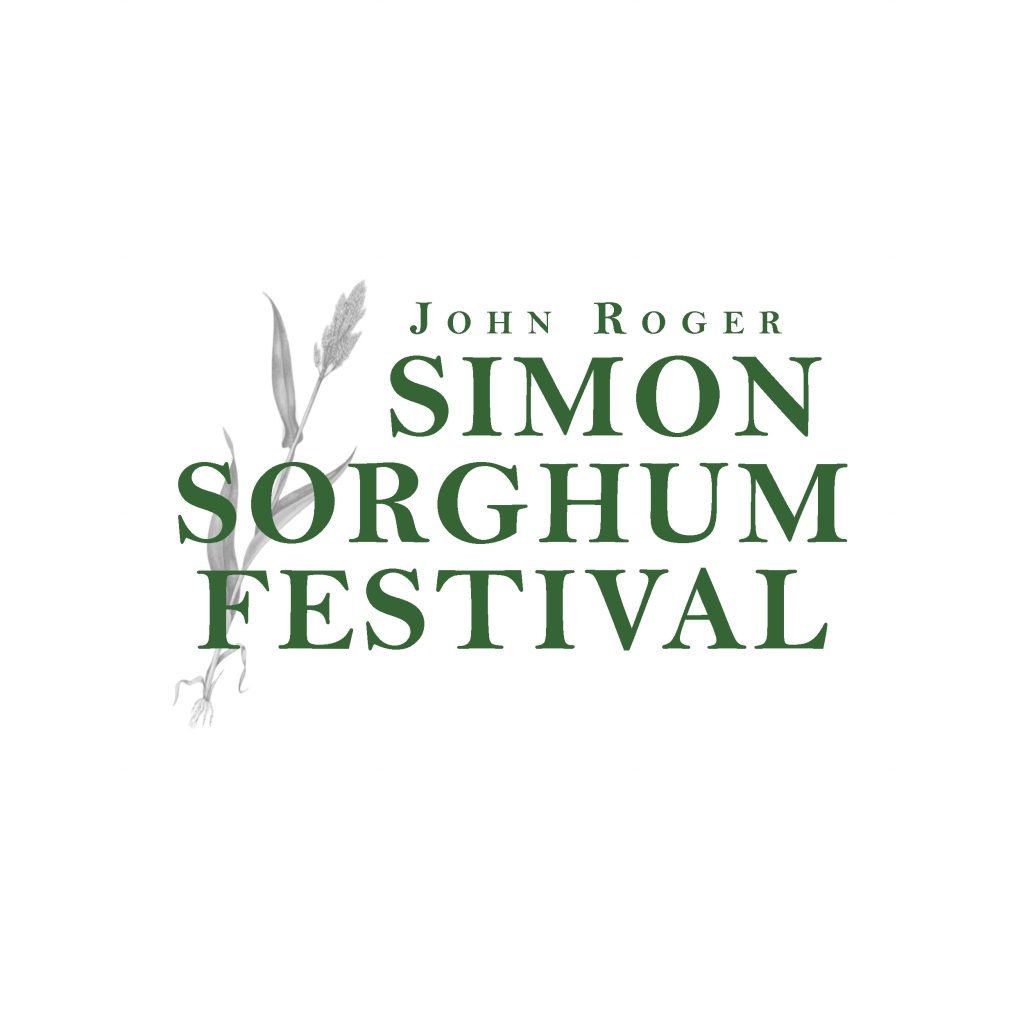 Text reading: John Roger Simon Sorghum Festival over the transparent image of a piece of foliage.