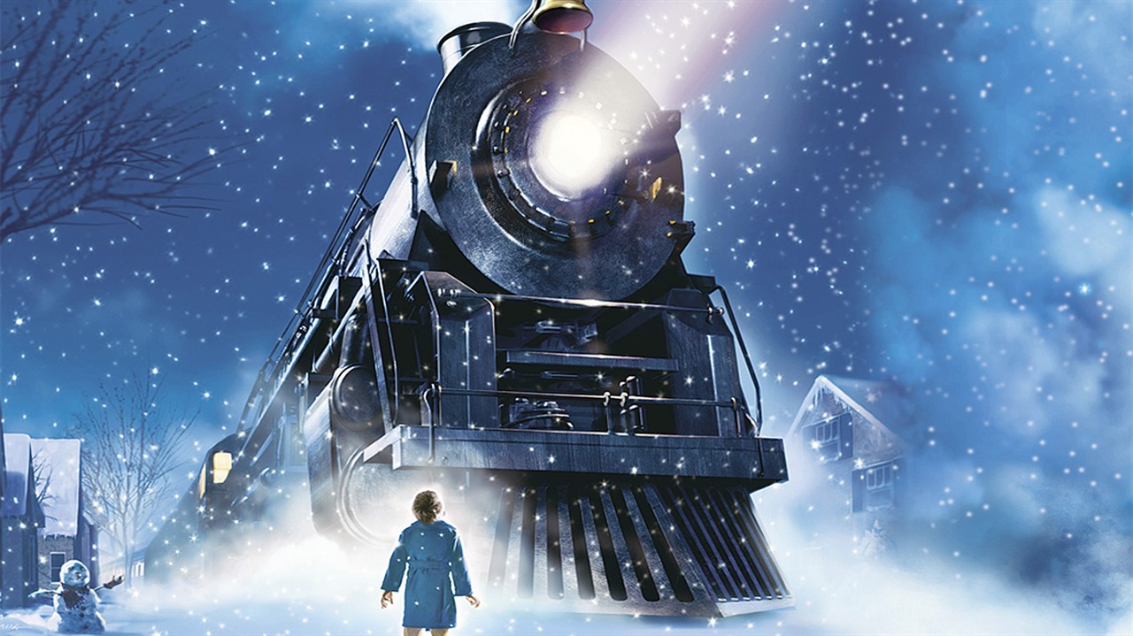 An image from the film "The Polar Express." Featuring a train against a wintry backdrop.
