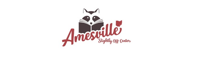 A promotional logo for Amesville, with a raccoon reading a book pictured.