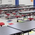 A school cafeteria sits empty.