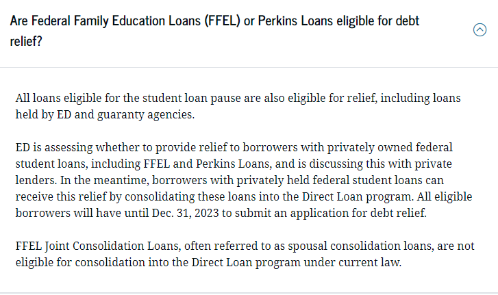 Original guidance: A screenshot of the U.S. Education Department's original student loan relief guidance for holders of FFEL and Perkins Loans, taken at 10:16 a.m. on Thursday.
