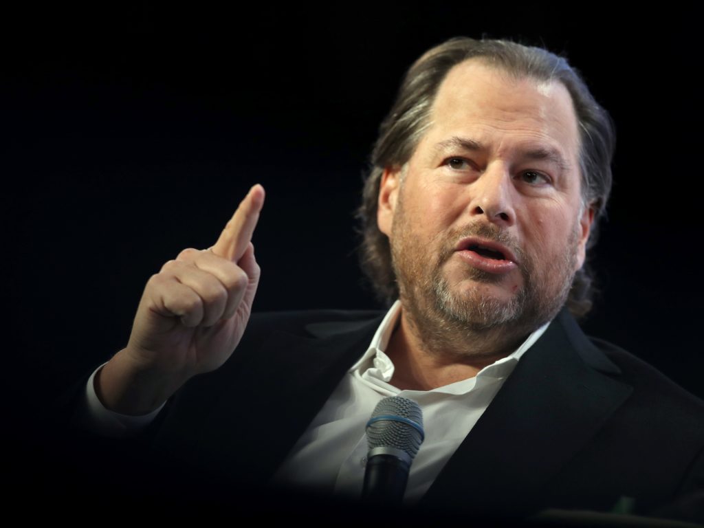 Salesforce chairman and co-CEO Marc Benioff speaks during the TechCrunch Disrupt SF 2019 conference at Moscone Center