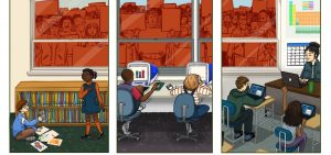An illustration shows Classrooms through the decades