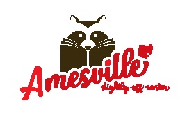 A promotional logo for Amesville with a raccoon reading a book.