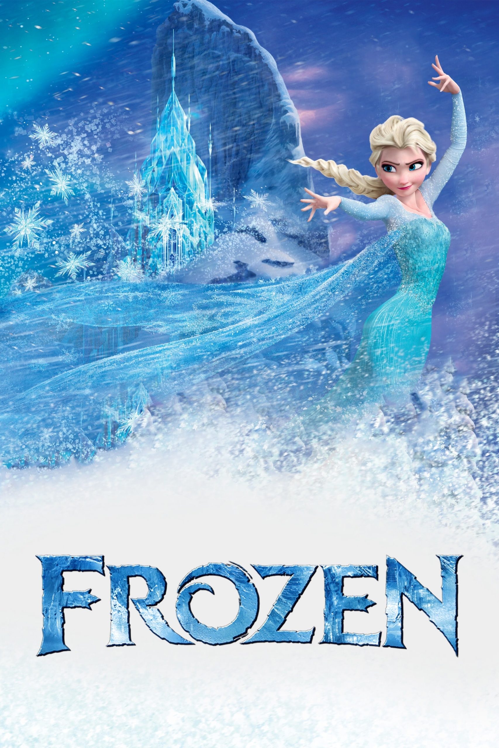 The poster for the Disney movie "Frozen," with the central character of the film against a blue, wintry background.
