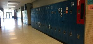 A hallway with lockers at a middle school