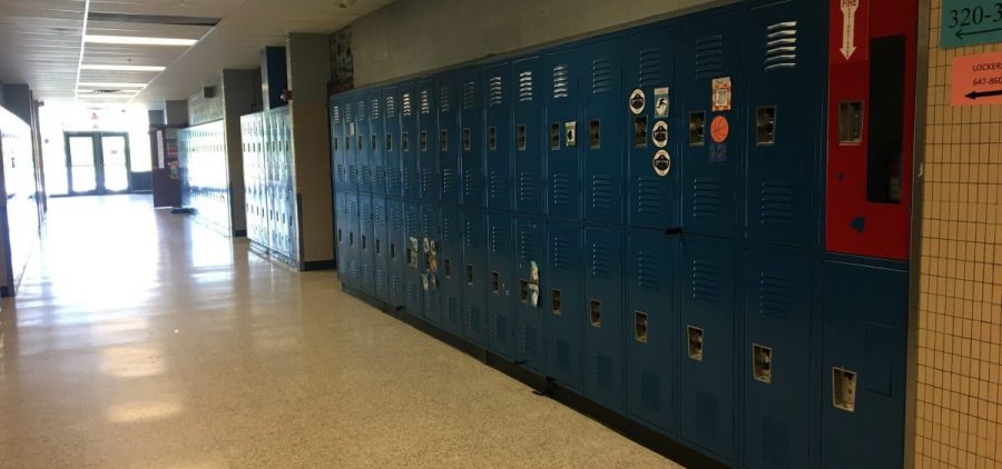 A hallway with lockers at a middle school