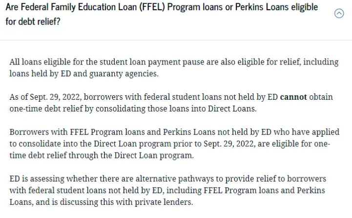 New guidance: A screenshot of the U.S. Education Department's new student loan relief guidance for holders of FFEL and Perkins Loans, taken at 11:39 a.m. on Thursday.