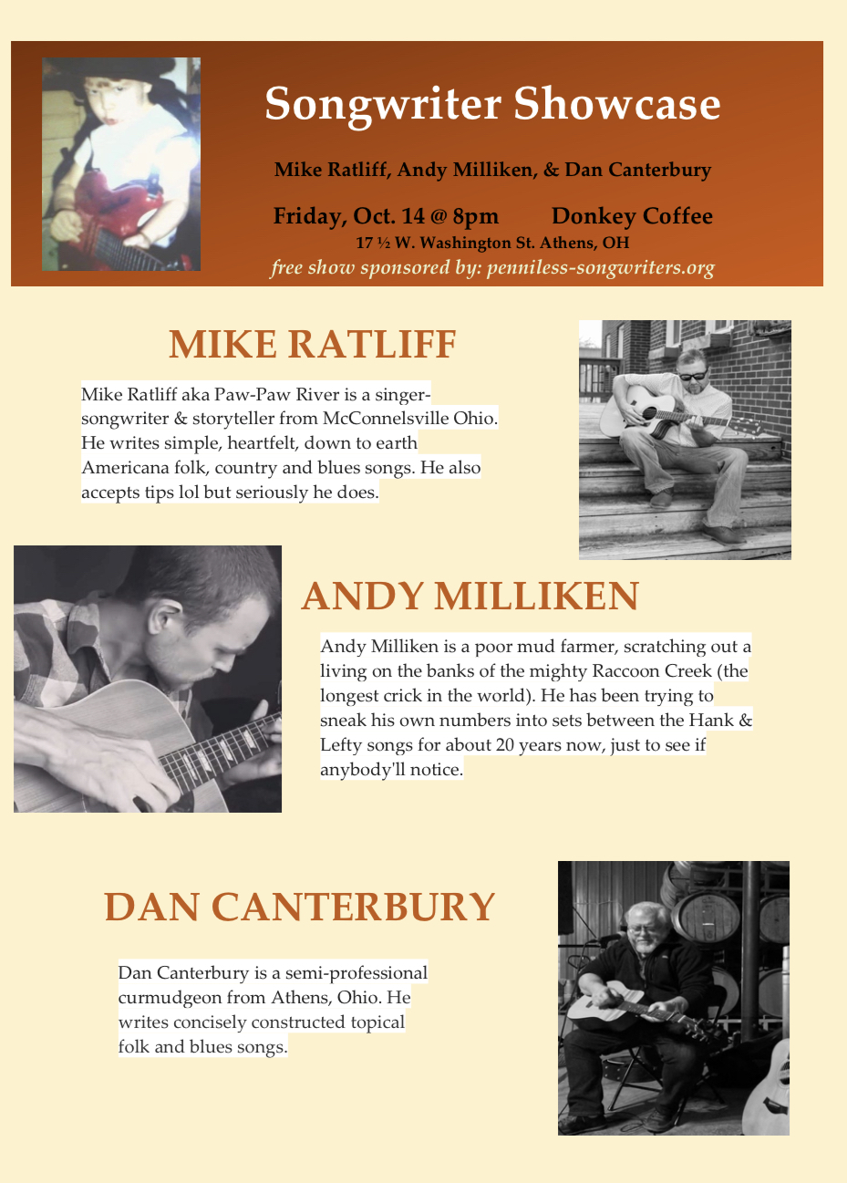 An iage reading: Songwriter Showcase at The Donkey. Mike Ratliff Andy Millikan and Dan Canterbury