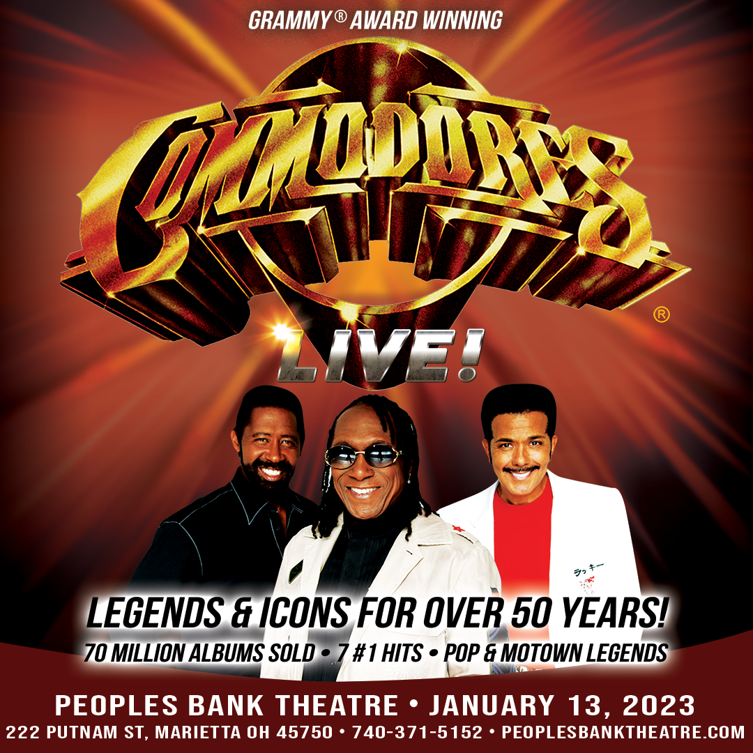 A poster for The Commodores, featuring a picture of the band against a light brown background.
