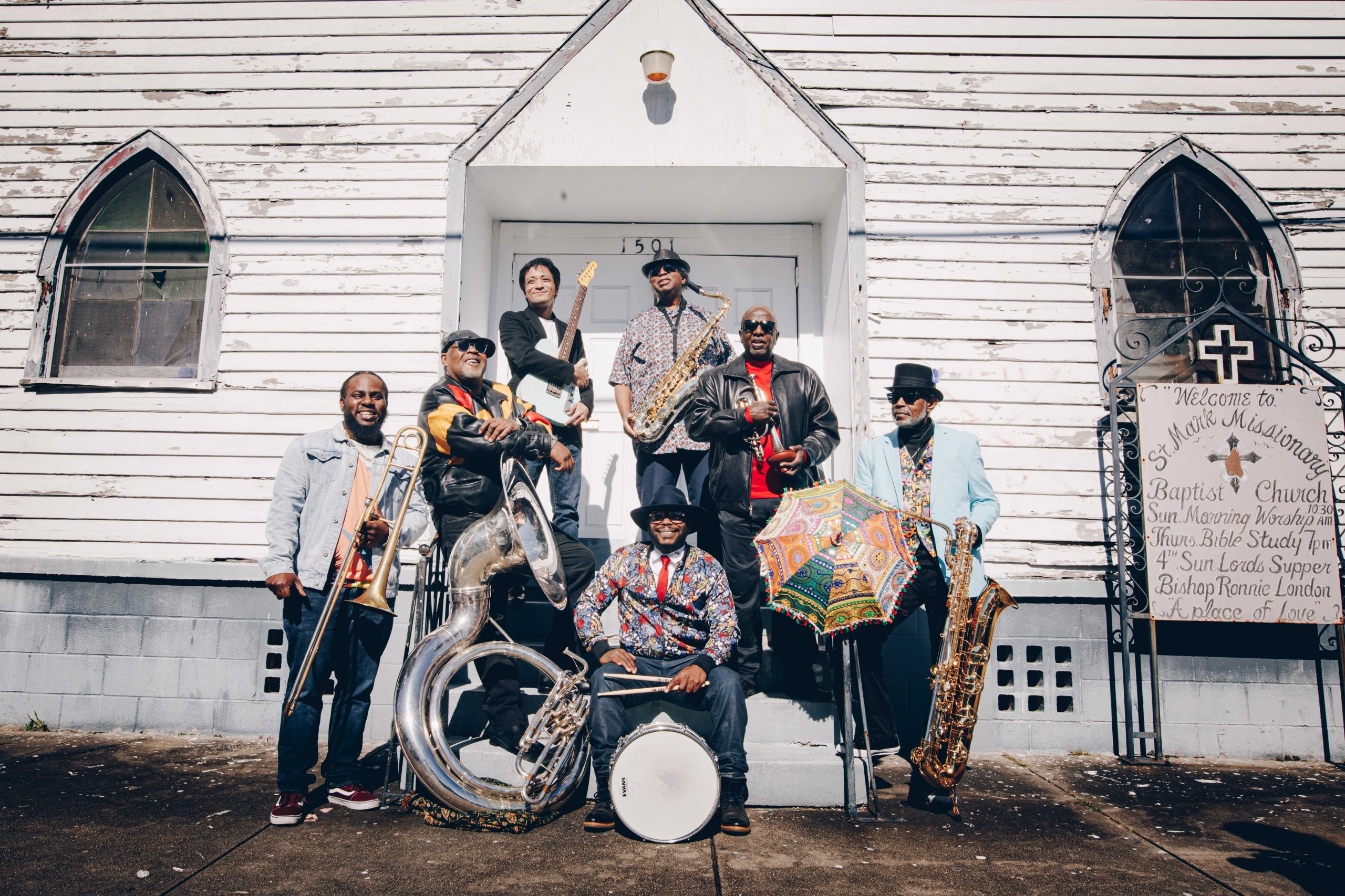 A promotional image of the Dirty Dozen Brass Band