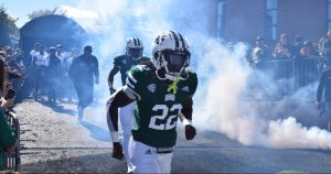 Ohio running back Sieh Bangura (22) runs out of the tunnel before Ohio's game
