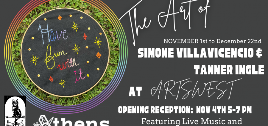 A flyer for The Art of Simone Villa Vicencio and Tanner Ingle at Arts West Opening Reception November 4