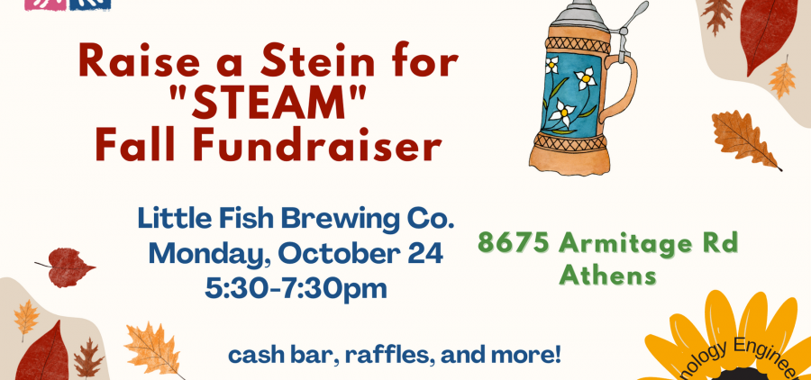 A graphic reading: Ohio Valley Museum of Discovery Raise a Stein for STEAM fall fundraiser Little fish brewing company monday, October 24 5:30 to 7:30 p.m. cash bar, raffles, and more! The graphic has cartoon flowers on it.