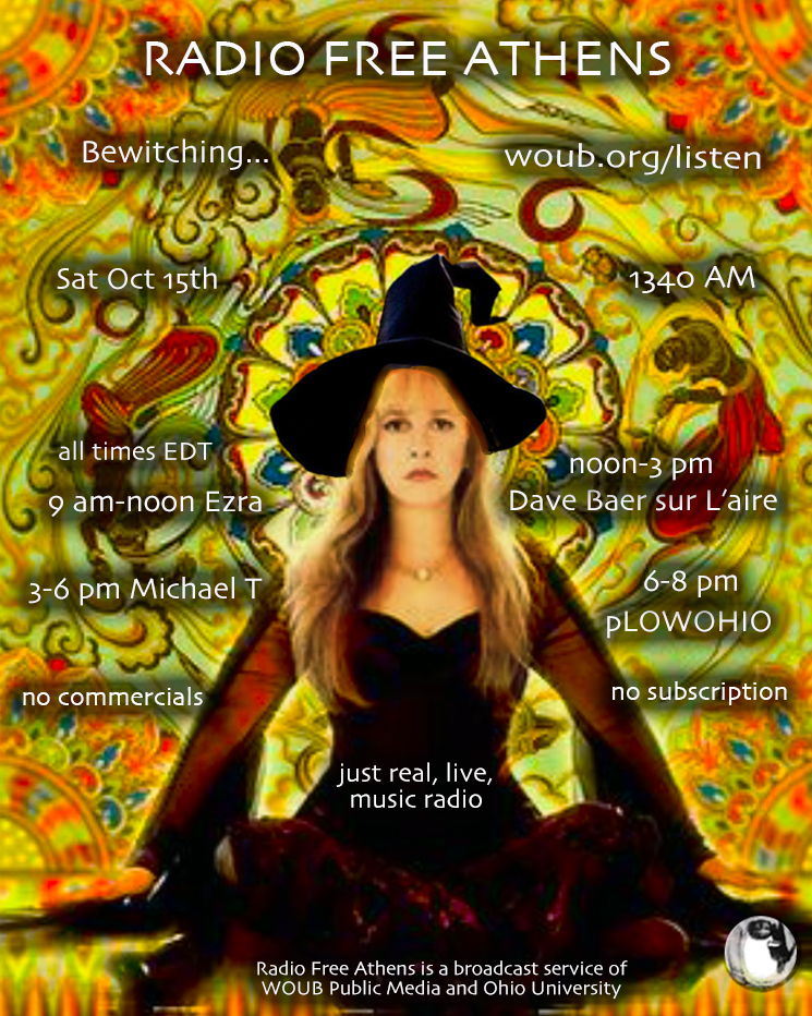A pormotional image for Radio Free Athens with a picture of Stevie Knicks dressed as a witch