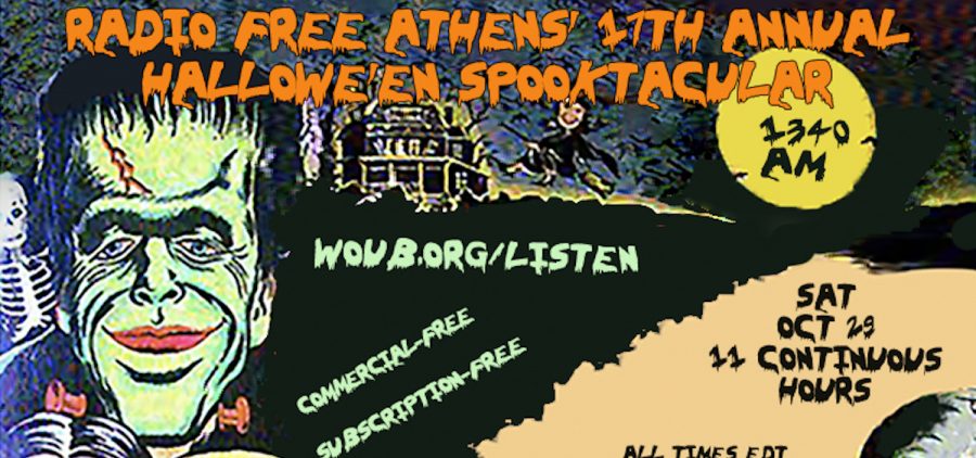 A promotional image for Radio Free Athens featuring details on the DJs who will be playing music on October 29