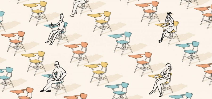 An illustration shows people sitting in school desks, but also just as many empty desks