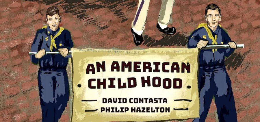 A slice of the cover of "An American Childhood," focusing on two boys holding up a sign with the books title.