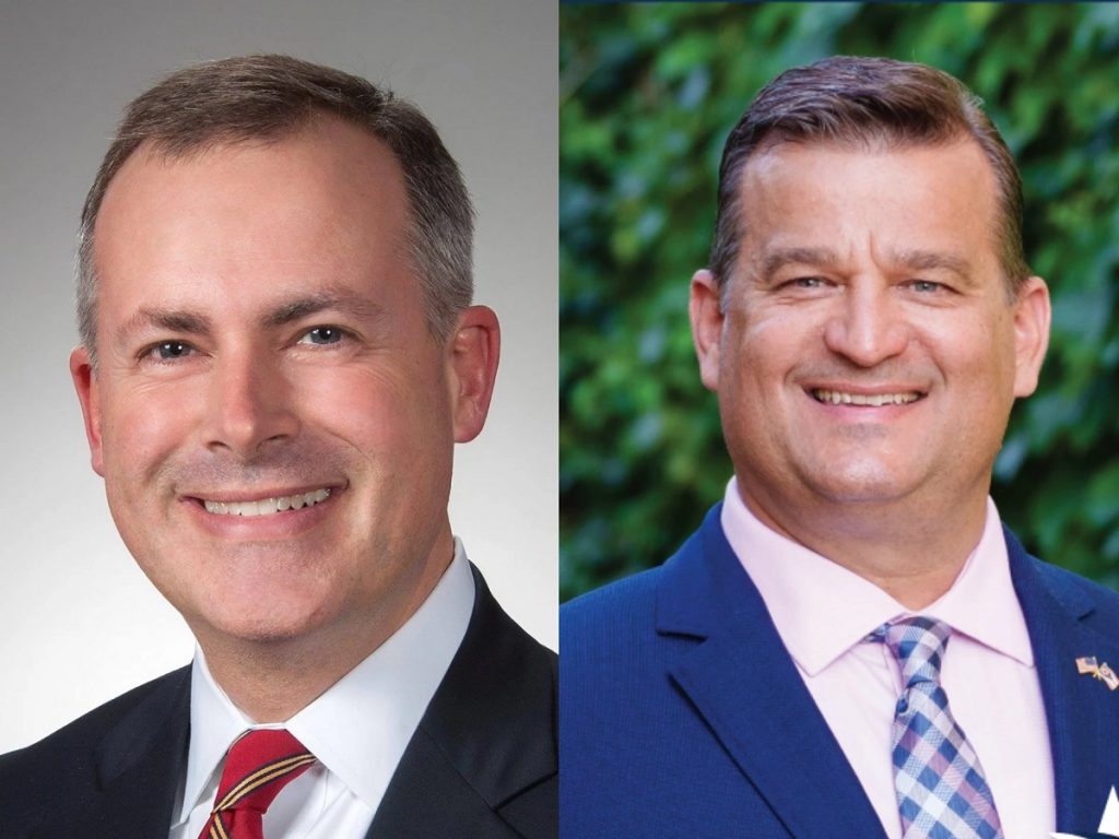 Ohio Treasurer candidates pose for separate portraits with Robert Sprague, Republican incumbent, on the left and Scott Schertzer, Democratic candidate and Marion mayor on the right