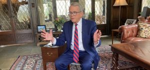 Gov. Mike DeWine talking about his campaign in the Ohio Republican gubernatorial primary sitting in his home.